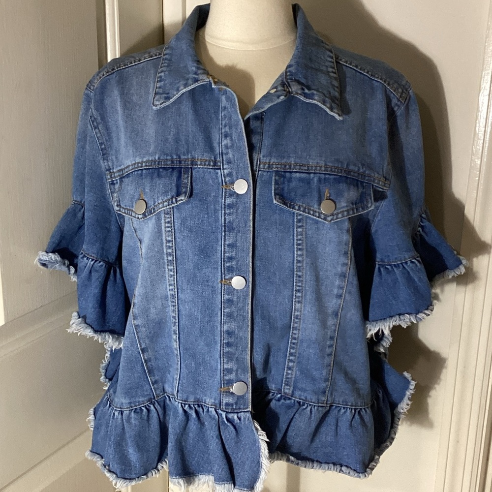 Three Bird Nest Scottie Ruffle Short Sleeved Denim Jacket. S/M. Hayden-LA